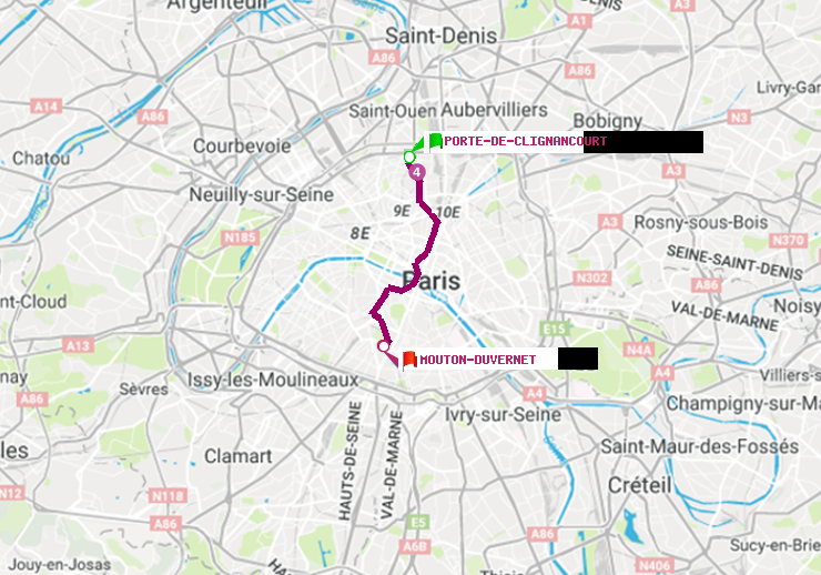 plan itinéraire ratp de Porte de Clignancourt à Mouton-Duvernet