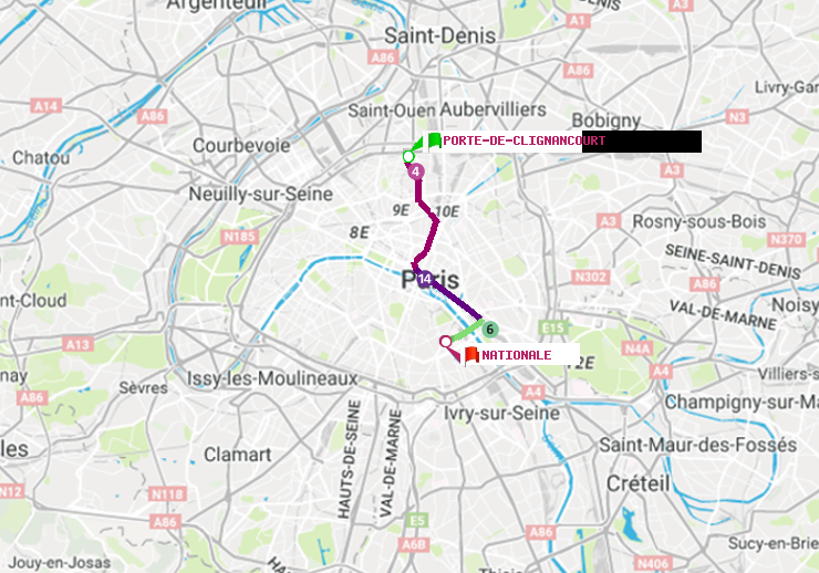 plan itinéraire ratp de Porte de Clignancourt à Nationale