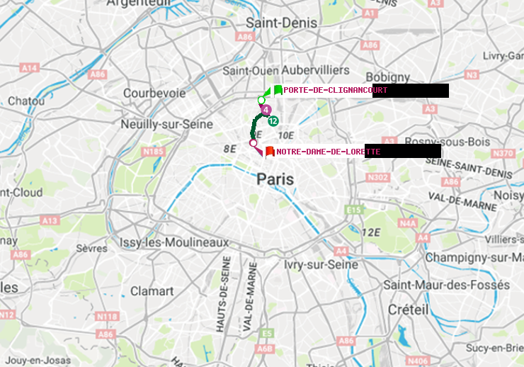 plan itinéraire ratp de Porte de Clignancourt à Notre-Dame de Lorette