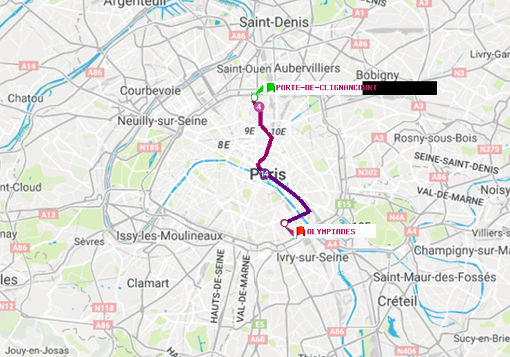plan itinéraire ratp de Porte de Clignancourt à Olympiades