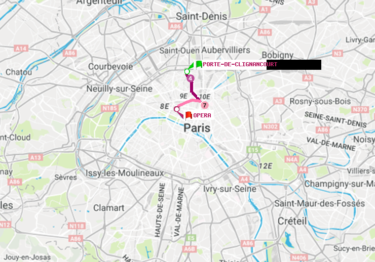 plan itinéraire ratp de Porte de Clignancourt à Opéra