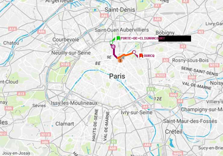 plan itinéraire ratp de Porte de Clignancourt à Ourcq