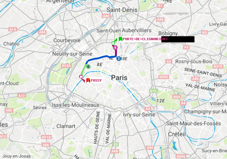 plan itinéraire ratp de Porte de Clignancourt à Passy