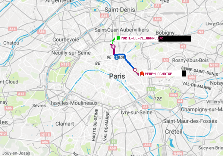 plan itinéraire ratp de Porte de Clignancourt à Père-Lachaise
