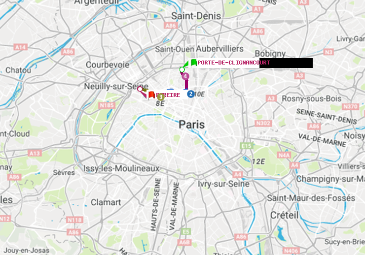 plan itinéraire ratp de Porte de Clignancourt à Péreire