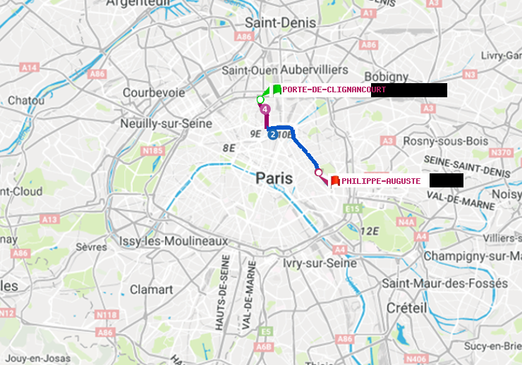 plan itinéraire ratp de Porte de Clignancourt à Philippe Auguste