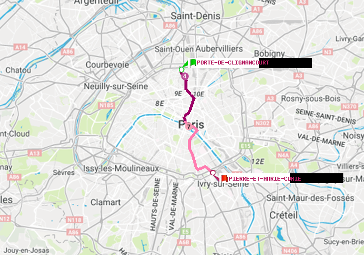 plan itinéraire ratp de Porte de Clignancourt à Pierre et Marie Curie