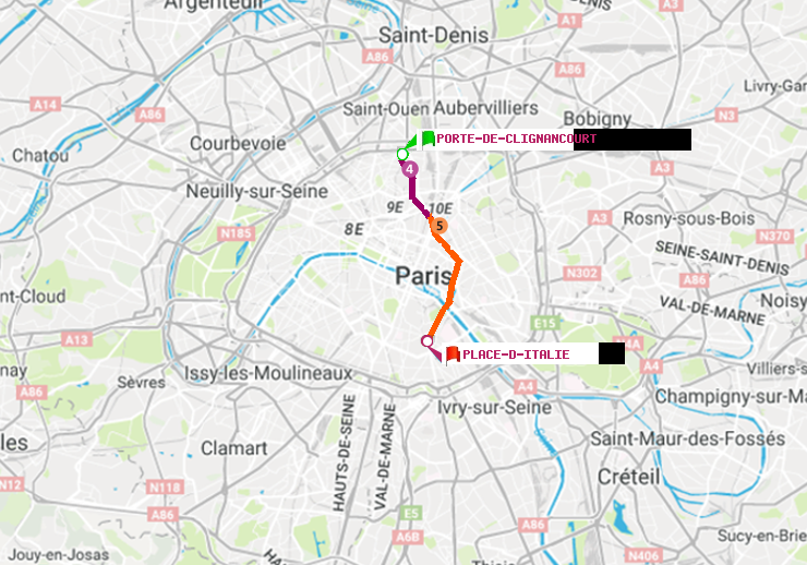 plan itinéraire ratp de Porte de Clignancourt à Place d