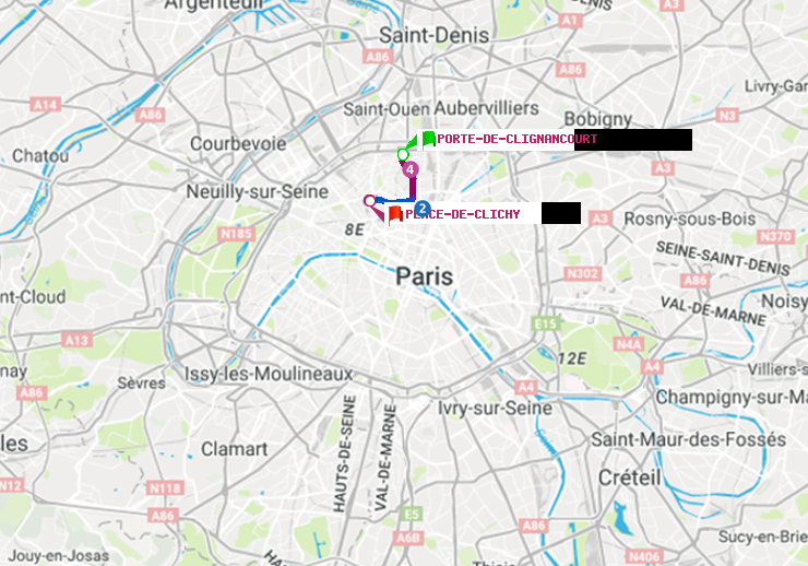 plan itinéraire ratp de Porte de Clignancourt à Place de Clichy