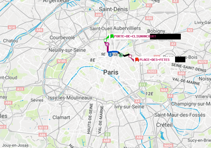 plan itinéraire ratp de Porte de Clignancourt à Place des Fêtes
