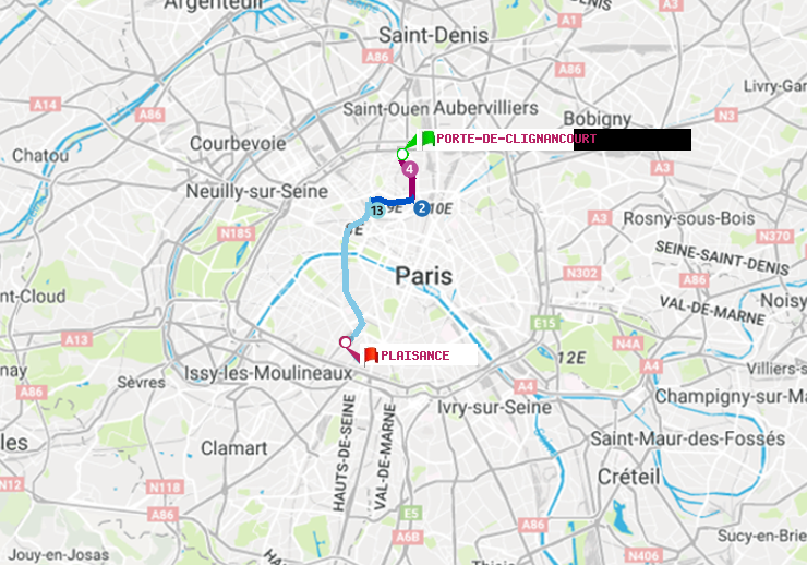 plan itinéraire ratp de Porte de Clignancourt à Plaisance