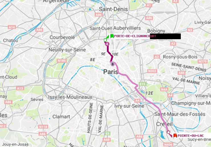 plan itinéraire ratp de Porte de Clignancourt à Pointe du Lac