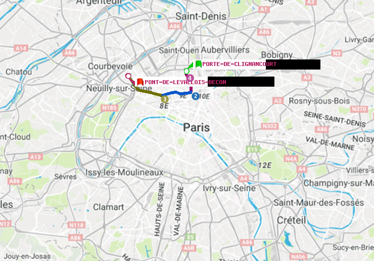 plan itinéraire ratp de Porte de Clignancourt à Pont de Levallois-Bécon