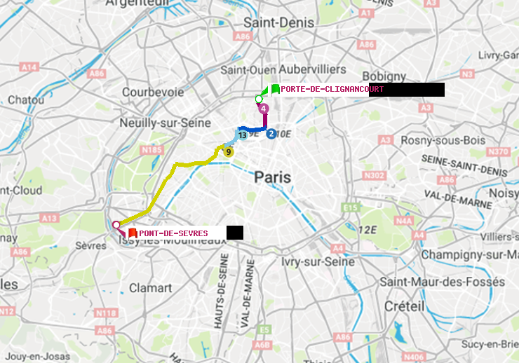 plan itinéraire ratp de Porte de Clignancourt à Pont de Sèvres