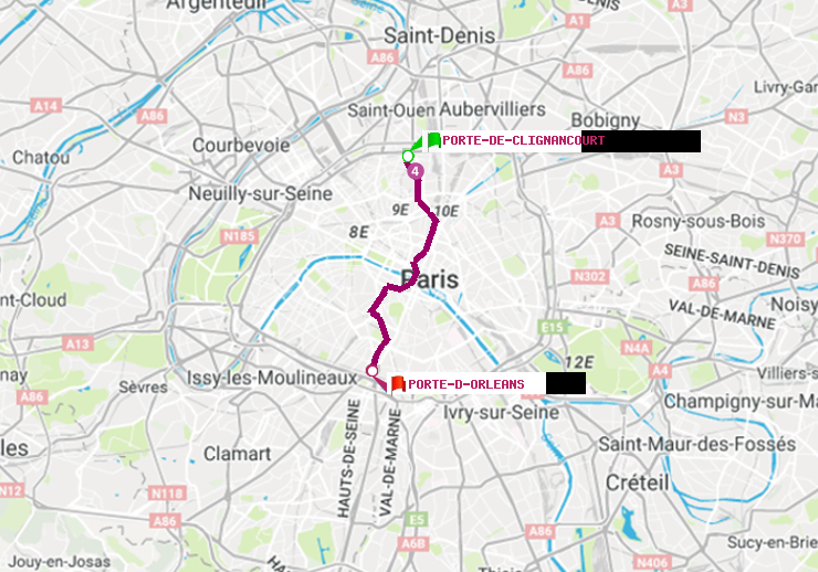 plan itinéraire ratp de Porte de Clignancourt à Porte d