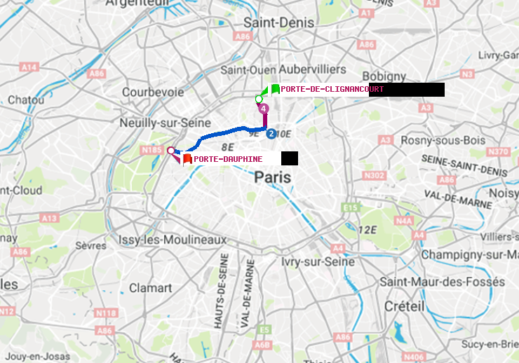 plan itinéraire ratp de Porte de Clignancourt à Porte Dauphine (Maréchal de Lattre de Tassigny)