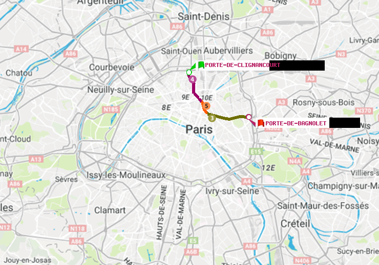plan itinéraire ratp de Porte de Clignancourt à Porte de Bagnolet