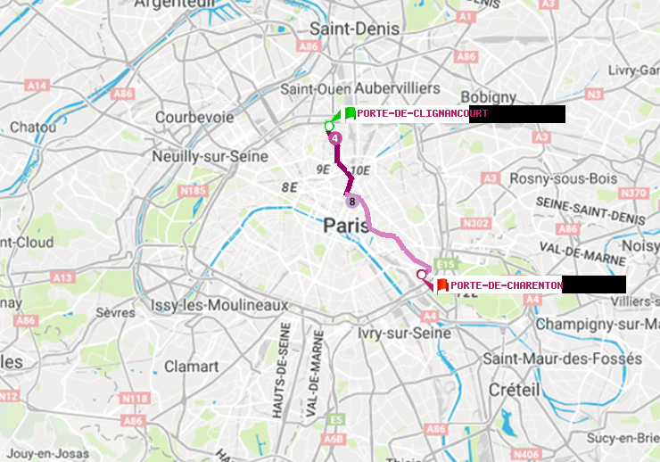 plan itinéraire ratp de Porte de Clignancourt à Porte de Charenton