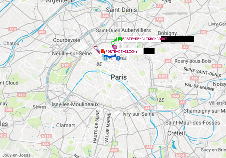 plan itinéraire ratp de Porte de Clignancourt à Porte de Clichy