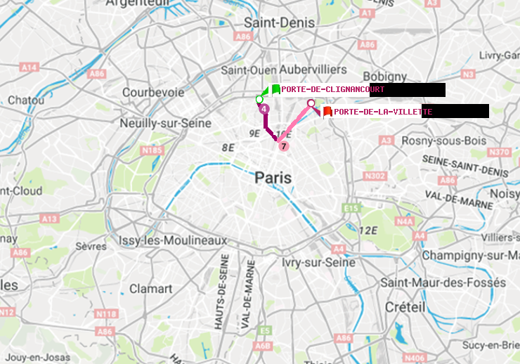 plan itinéraire ratp de Porte de Clignancourt à Porte de la Villette