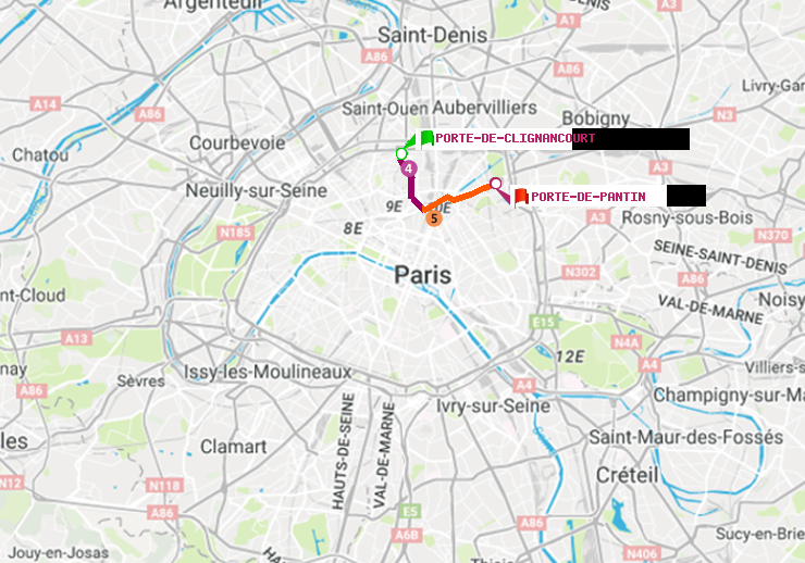 plan itinéraire ratp de Porte de Clignancourt à Porte de Pantin