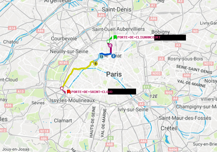 plan itinéraire ratp de Porte de Clignancourt à Porte de Saint-Cloud