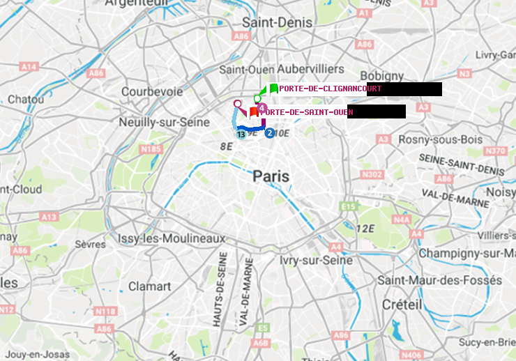 plan itinéraire ratp de Porte de Clignancourt à Porte de Saint-Ouen