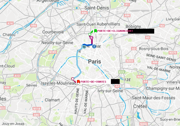 plan itinéraire ratp de Porte de Clignancourt à Porte de Vanves