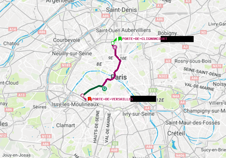 plan itinéraire ratp de Porte de Clignancourt à Porte de Versailles