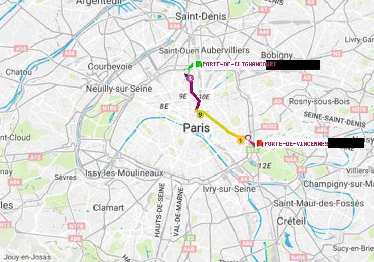 plan itinéraire ratp de Porte de Clignancourt à Porte de Vincennes