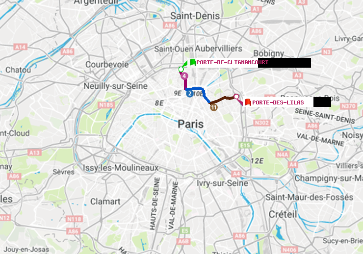 plan itinéraire ratp de Porte de Clignancourt à Porte des Lilas
