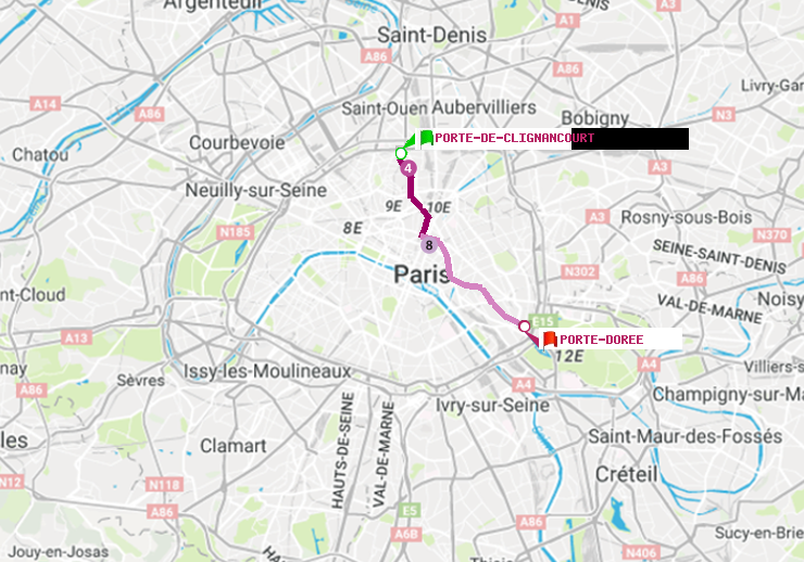 plan itinéraire ratp de Porte de Clignancourt à Porte Dorée