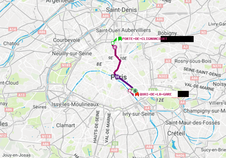 plan itinéraire ratp de Porte de Clignancourt à Quai de la Gare