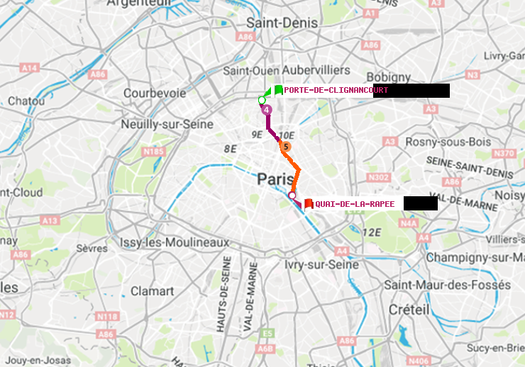 plan itinéraire ratp de Porte de Clignancourt à Quai de la Rapée