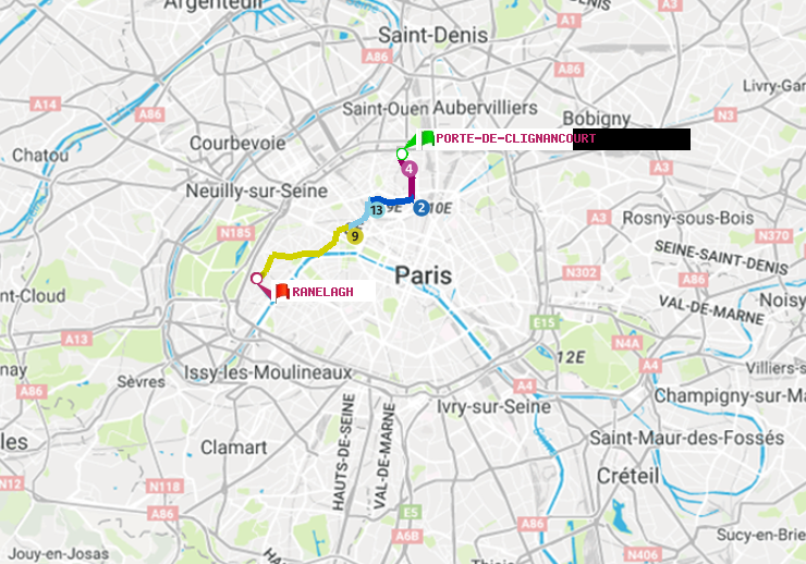 plan itinéraire ratp de Porte de Clignancourt à Ranelagh