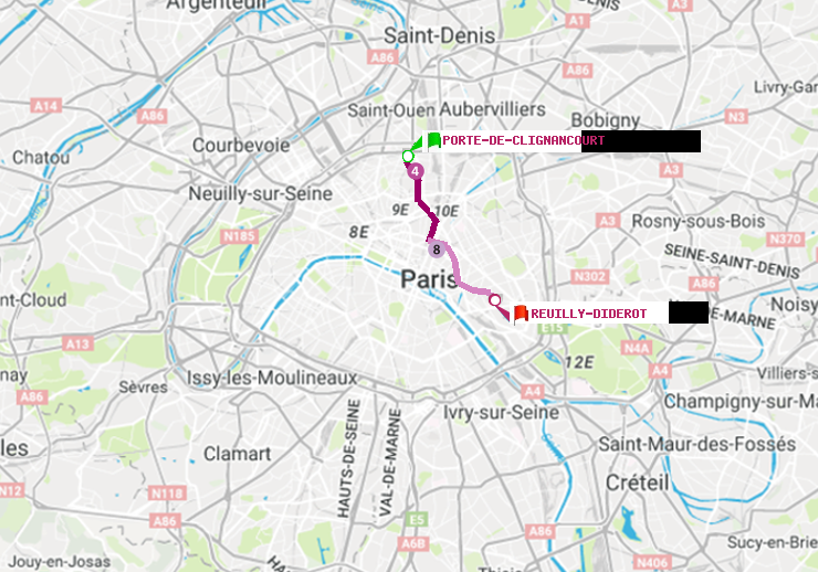plan itinéraire ratp de Porte de Clignancourt à Reuilly-Diderot