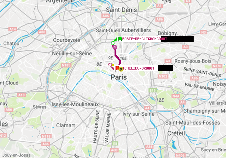 plan itinéraire ratp de Porte de Clignancourt à Richelieu-Drouot