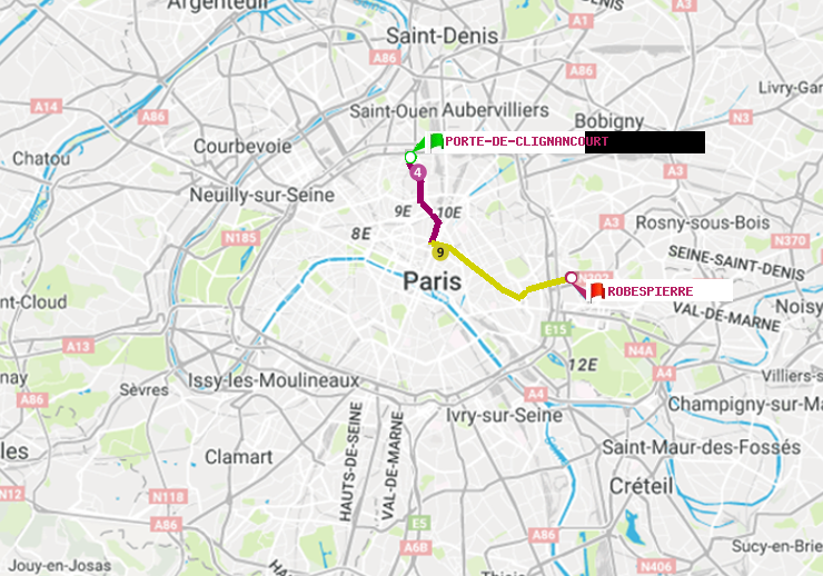 plan itinéraire ratp de Porte de Clignancourt à Robespierre