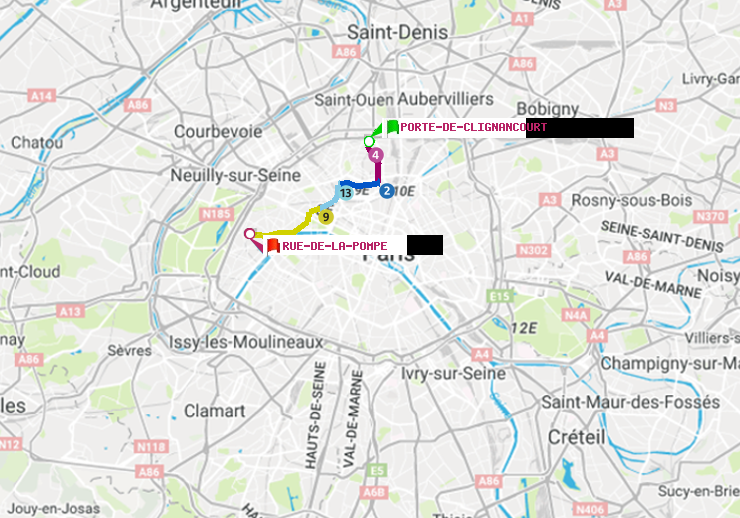 plan itinéraire ratp de Porte de Clignancourt à Rue de la Pompe (Avenue Georges Mandel)