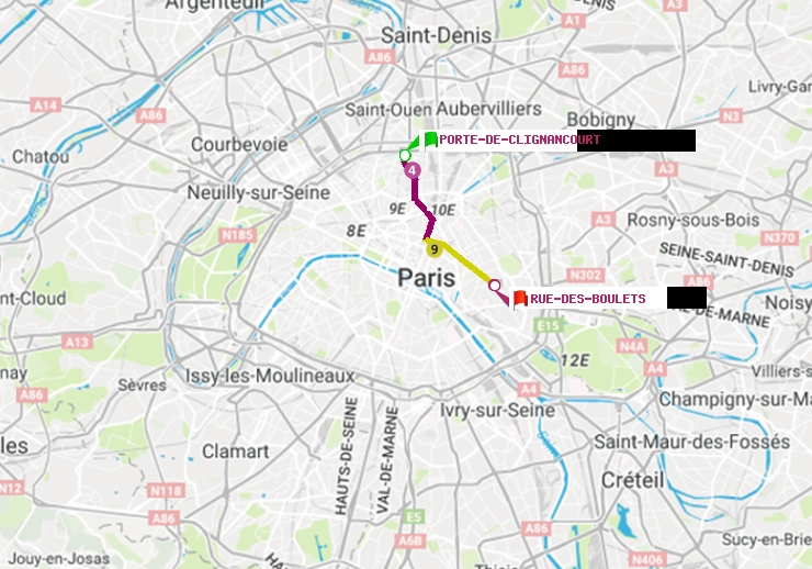 plan itinéraire ratp de Porte de Clignancourt à Rue des Boulets