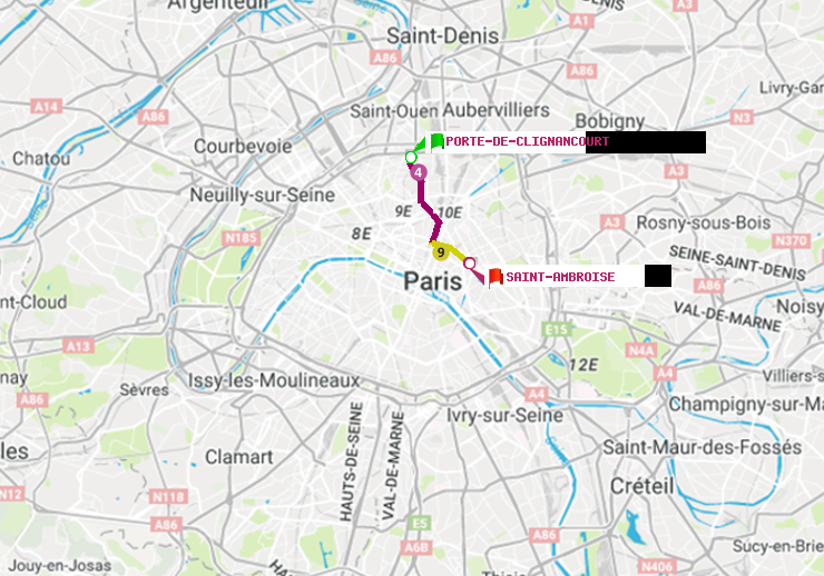 plan itinéraire ratp de Porte de Clignancourt à Saint-Ambroise