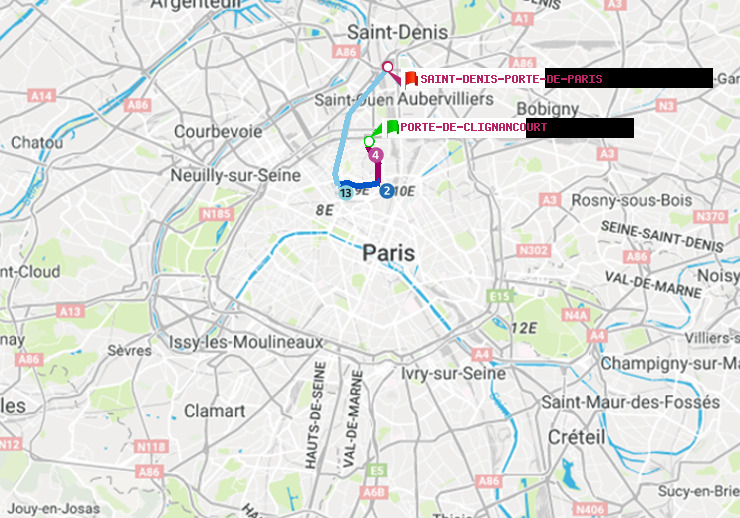 plan itinéraire ratp de Porte de Clignancourt à Saint-Denis-Porte de Paris