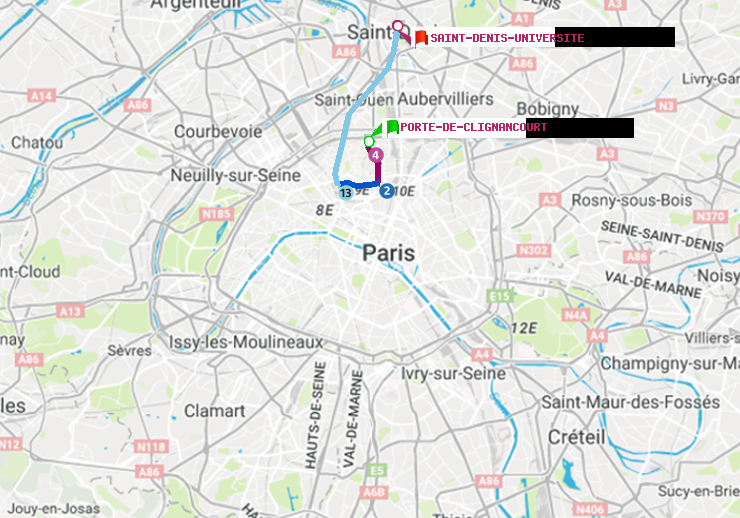 plan itinéraire ratp de Porte de Clignancourt à Saint-Denis-Universite