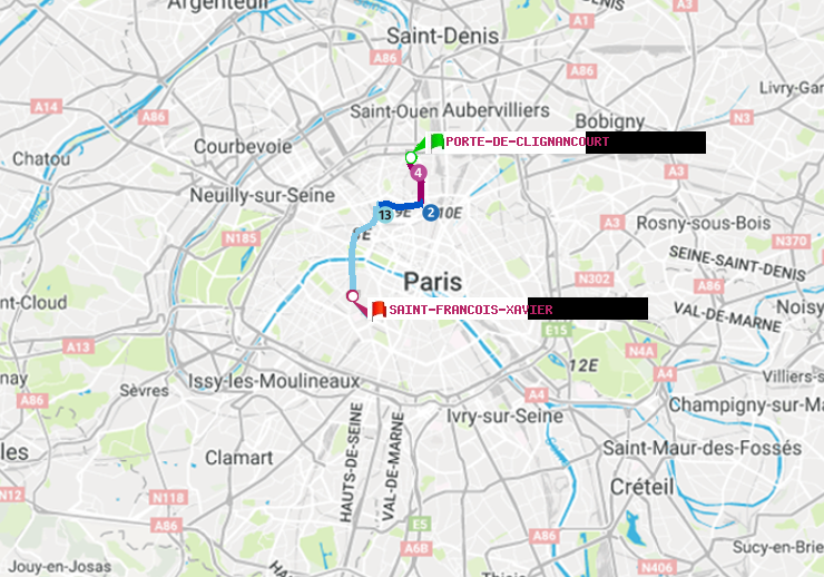 plan itinéraire ratp de Porte de Clignancourt à Saint-Francois-Xavier