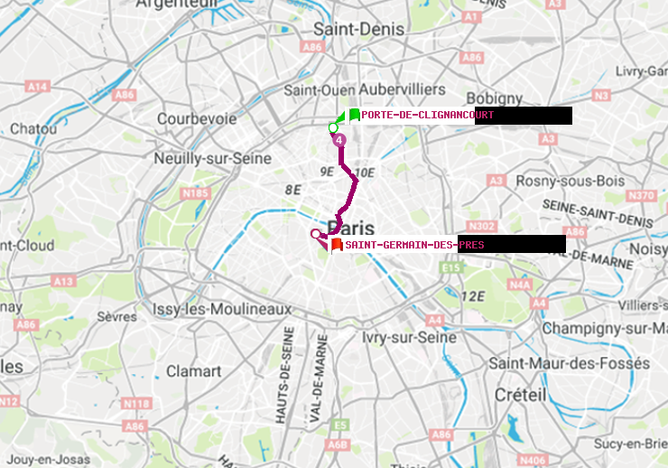 plan itinéraire ratp de Porte de Clignancourt à Saint-Germain des Prés