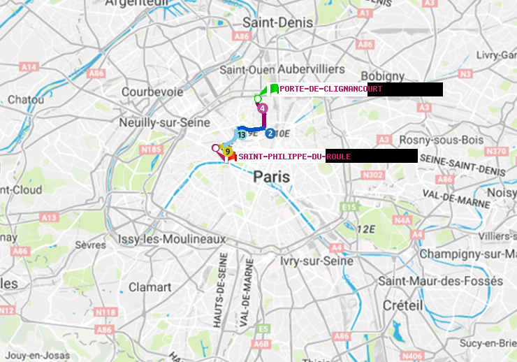 plan itinéraire ratp de Porte de Clignancourt à Saint-Philippe du Roule
