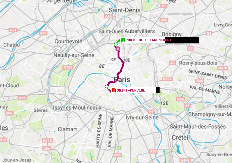 plan itinéraire ratp de Porte de Clignancourt à Saint-Placide