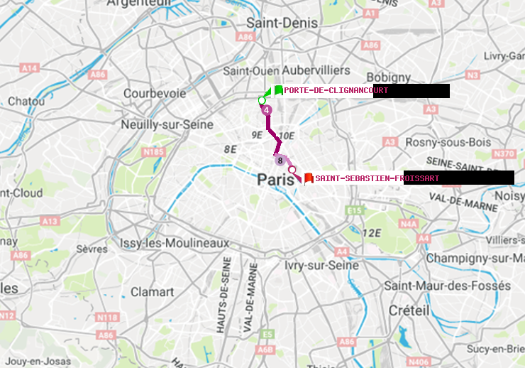 plan itinéraire ratp de Porte de Clignancourt à Saint-Sébastien-Froissart