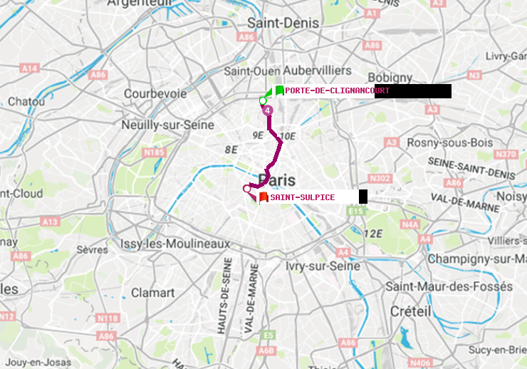 plan itinéraire ratp de Porte de Clignancourt à Saint-Sulpice