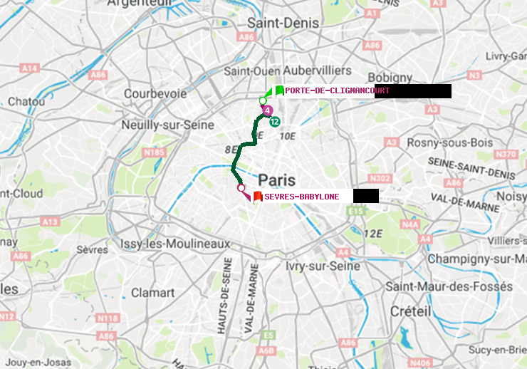 plan itinéraire ratp de Porte de Clignancourt à Sèvres-Babylone